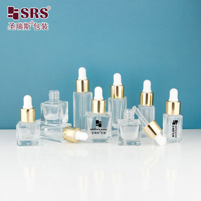 D1229-5ml Boş Kare Açık Cam şişe parlak altın metal alüminyum damlatıcı kapağı vida tipi beyaz silikon ampul için Parfüm
